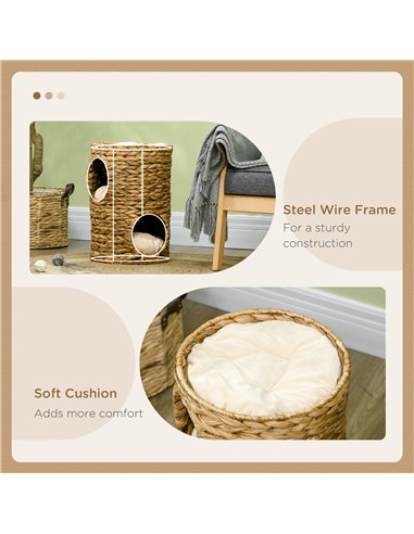 PawHut 47cm Cat Barrel Tree for Indoor Cats with 2 Condos, Kitten Tower with Cushion - Light Brown