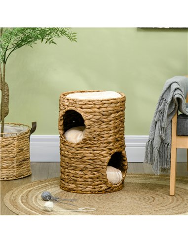 PawHut 47cm Cat Barrel Tree for Indoor Cats with 2 Condos, Kitten Tower with Cushion - Light Brown