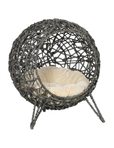 PawHut Rattan Elevated Cat Bed House Kitten Basket Ball Shaped Pet Furniture w/ Removable Cushion - Silver-Tone and Grey