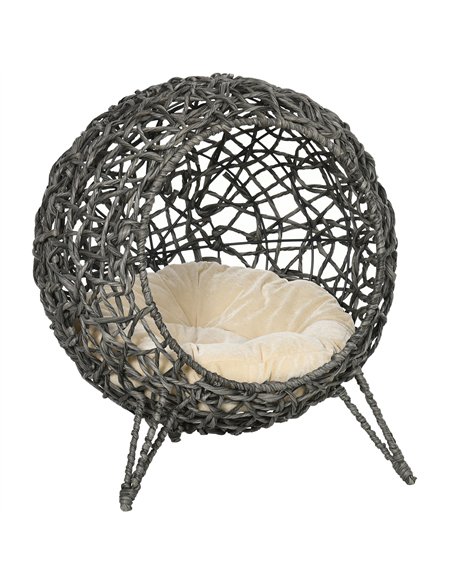 PawHut Rattan Elevated Cat Bed House Kitten Basket Ball Shaped Pet Furniture w/ Removable Cushion - Silver-Tone and Grey - pic 148961 | FastDaddyshop