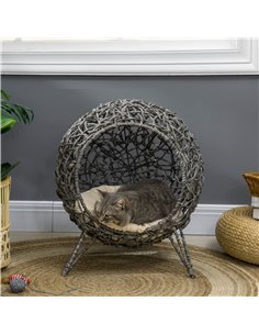 PawHut Rattan Elevated Cat Bed House Kitten Basket Ball Shaped Pet Furniture w/ Removable Cushion - Silver-Tone and Grey 2