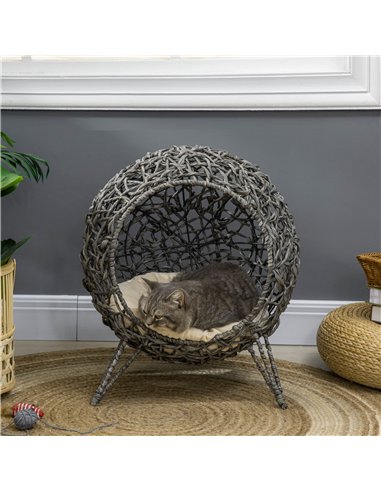 PawHut Rattan Elevated Cat Bed House Kitten Basket Ball Shaped Pet Furniture w/ Removable Cushion - Silver-Tone and Grey