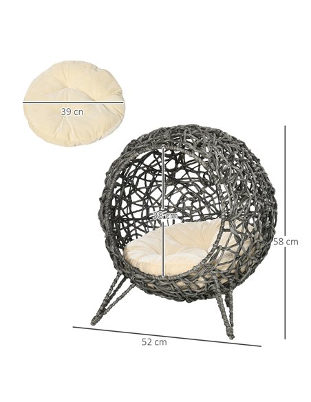 PawHut Rattan Elevated Cat Bed House Kitten Basket Ball Shaped Pet Furniture w/ Removable Cushion - Silver-Tone and Grey - pic 148963 | FastDaddyshop