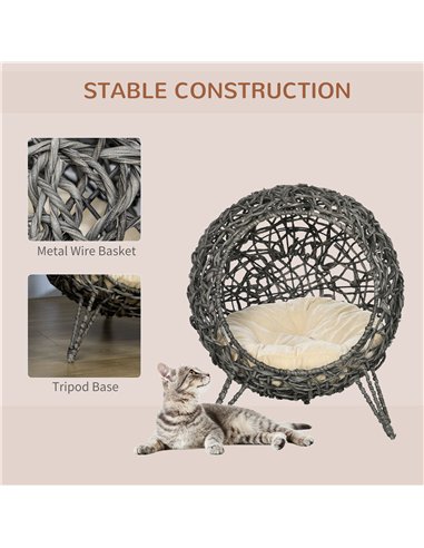 PawHut Rattan Elevated Cat Bed House Kitten Basket Ball Shaped Pet Furniture w/ Removable Cushion - Silver-Tone and Grey