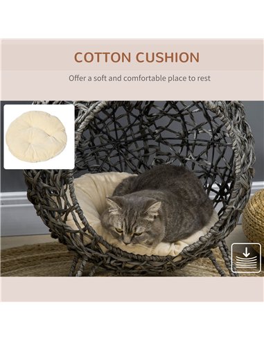 PawHut Rattan Elevated Cat Bed House Kitten Basket Ball Shaped Pet Furniture w/ Removable Cushion - Silver-Tone and Grey