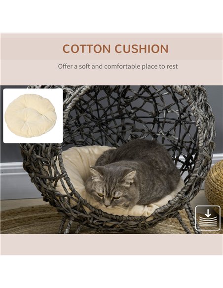 PawHut Rattan Elevated Cat Bed House Kitten Basket Ball Shaped Pet Furniture w/ Removable Cushion - Silver-Tone and Grey - pic 148965 | FastDaddyshop