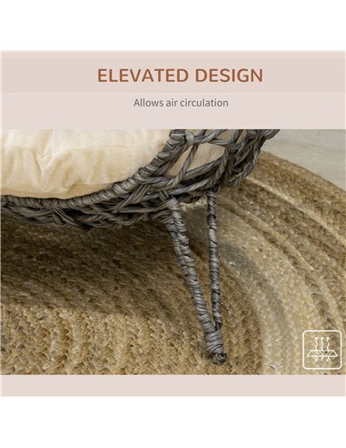 PawHut Rattan Elevated Cat Bed House Kitten Basket Ball Shaped Pet Furniture w/ Removable Cushion - Silver-Tone and Grey