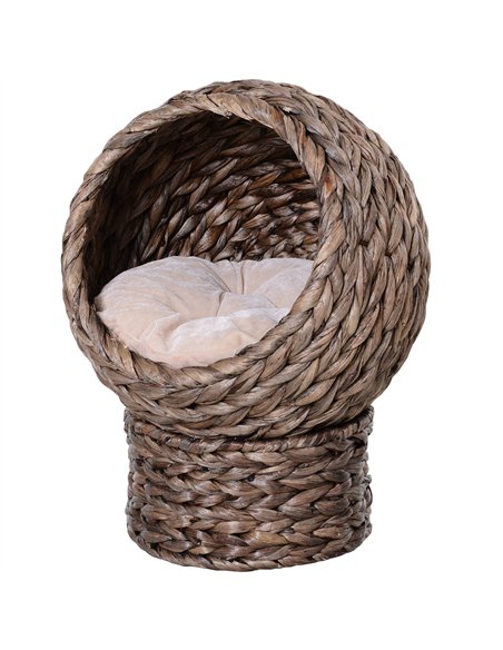 PawHut Wicker Cat Bed, Raised Rattan Cat Basket with Cylindrical Base, Soft Washable Cushion, 42 x 33 x 52cm - Brown - pic 148970 | FastDaddyshop