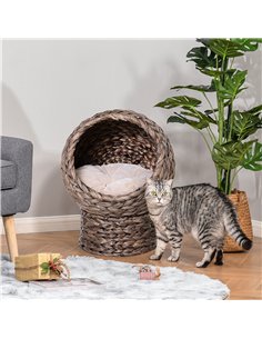 PawHut Wicker Cat Bed, Raised Rattan Cat Basket with Cylindrical Base, Soft Washable Cushion, 42 x 33 x 52cm - Brown 2