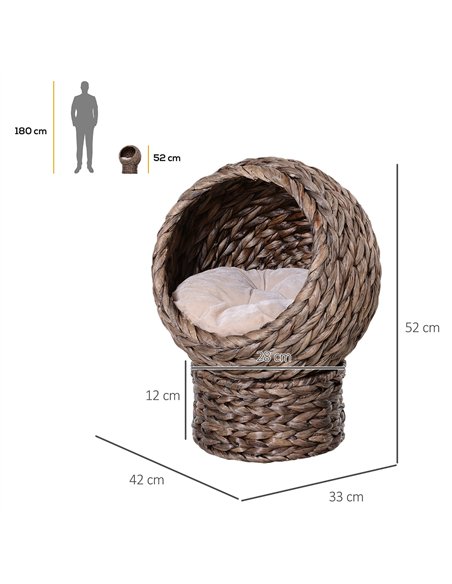 PawHut Wicker Cat Bed, Raised Rattan Cat Basket with Cylindrical Base, Soft Washable Cushion, 42 x 33 x 52cm - Brown - pic 148972 | FastDaddyshop