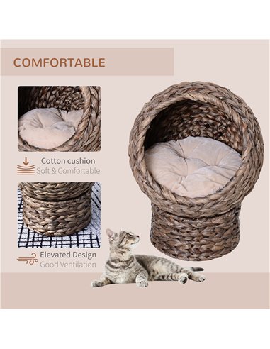 PawHut Wicker Cat Bed, Raised Rattan Cat Basket with Cylindrical Base, Soft Washable Cushion, 42 x 33 x 52cm - Brown