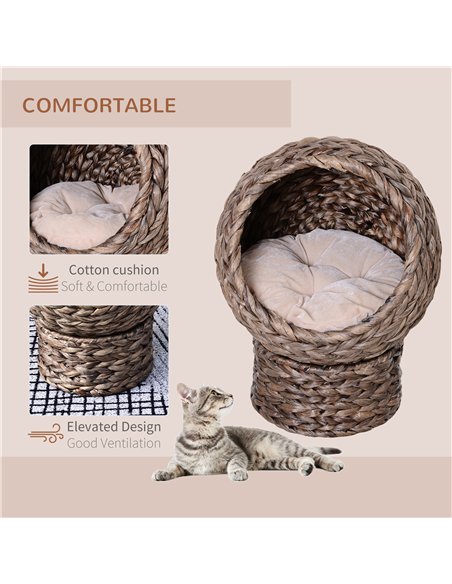 PawHut Wicker Cat Bed, Raised Rattan Cat Basket with Cylindrical Base, Soft Washable Cushion, 42 x 33 x 52cm - Brown - pic 148973 | FastDaddyshop