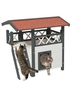 PawHut Cat House Outdoor w/ Balcony Stairs Roof, 77 x 50 x 73 cm, White