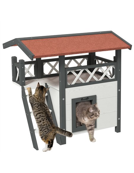 PawHut Cat House Outdoor w/ Balcony Stairs Roof, 77 x 50 x 73 cm, White - pic 148988 | FastDaddyshop