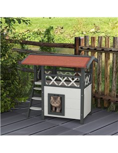 PawHut Cat House Outdoor w/ Balcony Stairs Roof, 77 x 50 x 73 cm, White 2