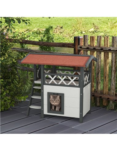 PawHut Cat House Outdoor w/ Balcony Stairs Roof, 77 x 50 x 73 cm, White