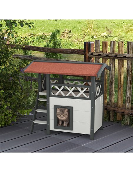 PawHut Cat House Outdoor w/ Balcony Stairs Roof, 77 x 50 x 73 cm, White - pic 148989 | FastDaddyshop