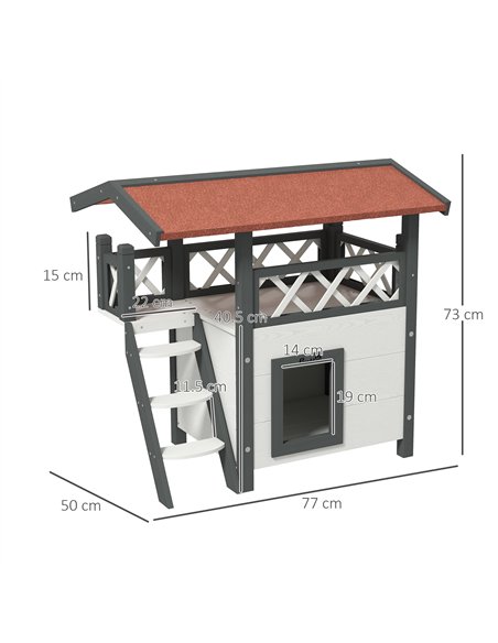PawHut Cat House Outdoor w/ Balcony Stairs Roof, 77 x 50 x 73 cm, White - pic 148990 | FastDaddyshop