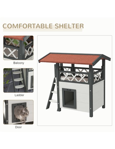 PawHut Cat House Outdoor w/ Balcony Stairs Roof, 77 x 50 x 73 cm, White - pic 148991 | FastDaddyshop