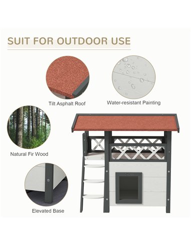 PawHut Cat House Outdoor w/ Balcony Stairs Roof, 77 x 50 x 73 cm, White