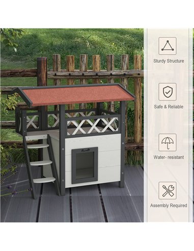 PawHut Cat House Outdoor w/ Balcony Stairs Roof, 77 x 50 x 73 cm, White