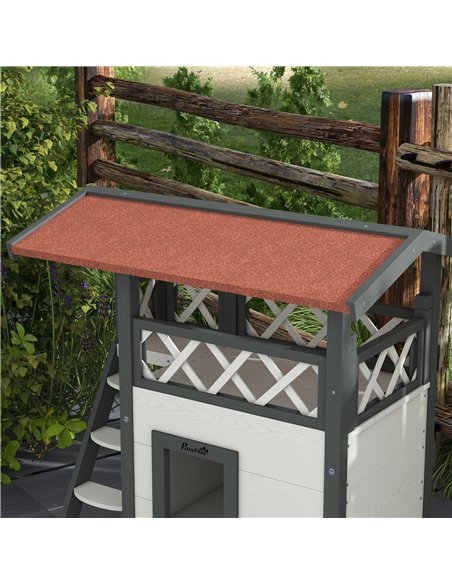 PawHut Cat House Outdoor w/ Balcony Stairs Roof, 77 x 50 x 73 cm, White - pic 148994 | FastDaddyshop