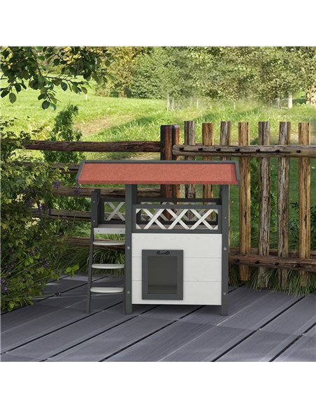 PawHut Cat House Outdoor w/ Balcony Stairs Roof, 77 x 50 x 73 cm, White - pic 148995 | FastDaddyshop