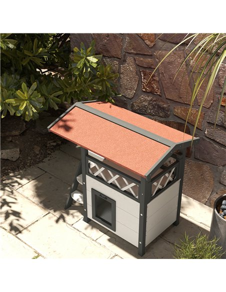 PawHut Cat House Outdoor w/ Balcony Stairs Roof, 77 x 50 x 73 cm, White - pic 148996 | FastDaddyshop