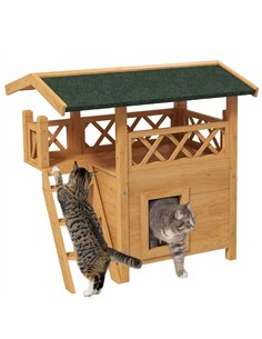 PawHut Cat House Outdoor w/ Balcony Stairs Roof, 77 x 50 x 73 cm, Natural Wood Finish