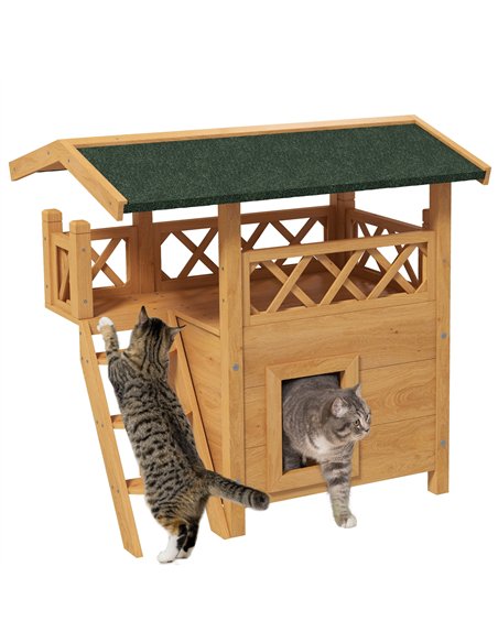 PawHut Cat House Outdoor w/ Balcony Stairs Roof, 77 x 50 x 73 cm, Natural Wood Finish - pic 148997 | FastDaddyshop