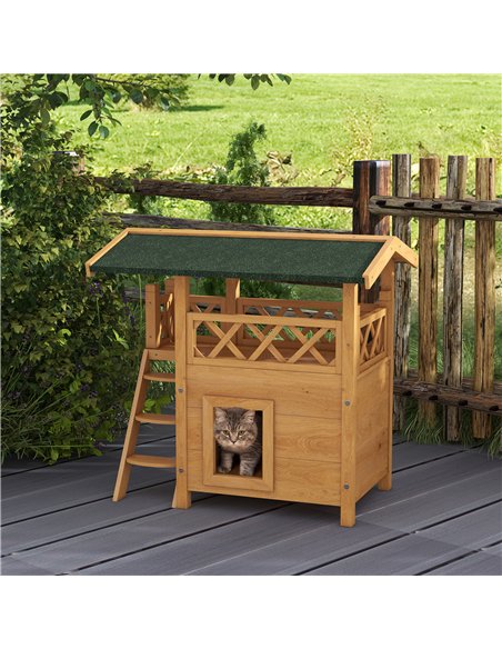PawHut Cat House Outdoor w/ Balcony Stairs Roof, 77 x 50 x 73 cm, Natural Wood Finish - pic 148998 | FastDaddyshop