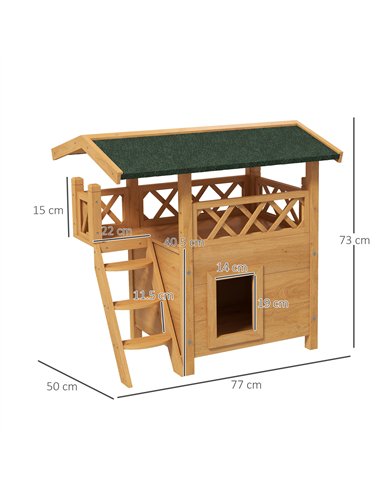 PawHut Cat House Outdoor w/ Balcony Stairs Roof, 77 x 50 x 73 cm, Natural Wood Finish