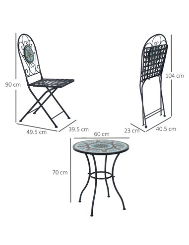 Outsunny 3pc Bistro Set Metal Dining Set Mosaic Garden Table 2 Seater Folding Chairs Patio Furniture Outdoor