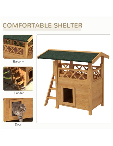PawHut Cat House Outdoor w/ Balcony Stairs Roof, 77 x 50 x 73 cm, Natural Wood Finish