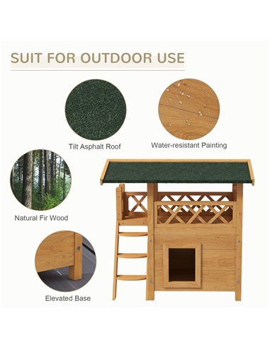 PawHut Cat House Outdoor w/ Balcony Stairs Roof, 77 x 50 x 73 cm, Natural Wood Finish