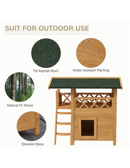 PawHut Cat House Outdoor w/ Balcony Stairs Roof, 77 x 50 x 73 cm, Natural Wood Finish - pic 149001 | FastDaddyshop
