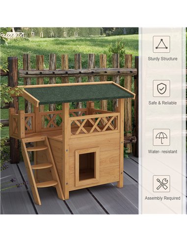 PawHut Cat House Outdoor w/ Balcony Stairs Roof, 77 x 50 x 73 cm, Natural Wood Finish