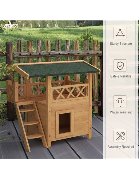 PawHut Cat House Outdoor w/ Balcony Stairs Roof, 77 x 50 x 73 cm, Natural Wood Finish - pic 149002 | FastDaddyshop