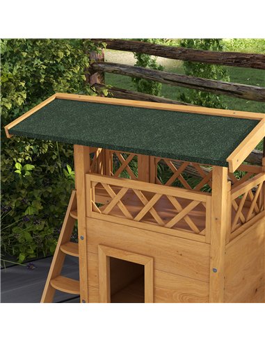 PawHut Cat House Outdoor w/ Balcony Stairs Roof, 77 x 50 x 73 cm, Natural Wood Finish
