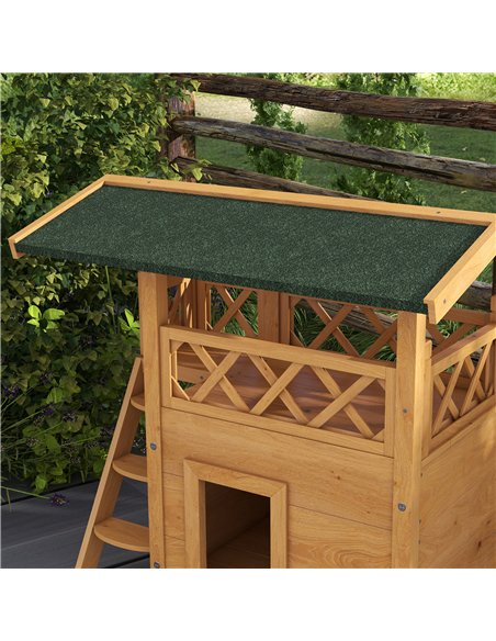 PawHut Cat House Outdoor w/ Balcony Stairs Roof, 77 x 50 x 73 cm, Natural Wood Finish - pic 149003 | FastDaddyshop