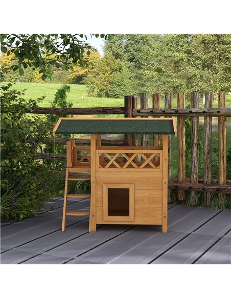 PawHut Cat House Outdoor w/ Balcony Stairs Roof, 77 x 50 x 73 cm, Natural Wood Finish - pic 149004 | FastDaddyshop