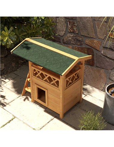 PawHut Cat House Outdoor w/ Balcony Stairs Roof, 77 x 50 x 73 cm, Natural Wood Finish