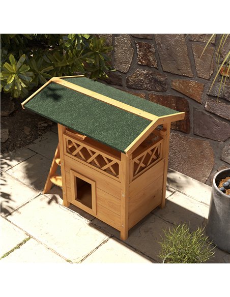 PawHut Cat House Outdoor w/ Balcony Stairs Roof, 77 x 50 x 73 cm, Natural Wood Finish - pic 149005 | FastDaddyshop