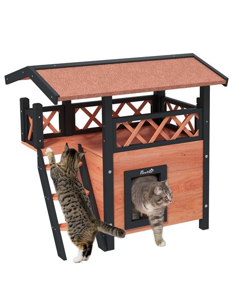PawHut Cat House Outdoor w/ Balcony Stairs Roof, 77 x 50 x 73 cm, Brown - pic 149006 | FastDaddyshop