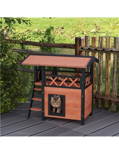 PawHut Cat House Outdoor w/ Balcony Stairs Roof, 77 x 50 x 73 cm, Brown