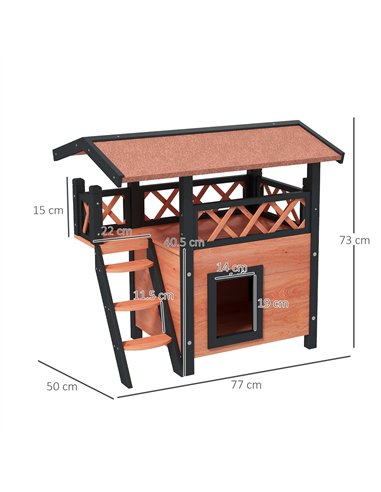 PawHut Cat House Outdoor w/ Balcony Stairs Roof, 77 x 50 x 73 cm, Brown