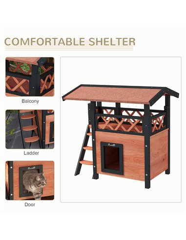 PawHut Cat House Outdoor w/ Balcony Stairs Roof, 77 x 50 x 73 cm, Brown