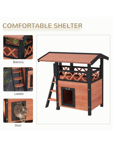 PawHut Cat House Outdoor w/ Balcony Stairs Roof, 77 x 50 x 73 cm, Brown - pic 149009 | FastDaddyshop