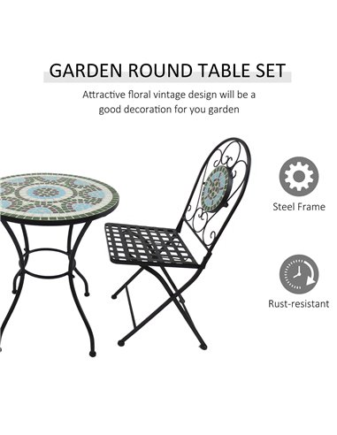 Outsunny 3pc Bistro Set Metal Dining Set Mosaic Garden Table 2 Seater Folding Chairs Patio Furniture Outdoor