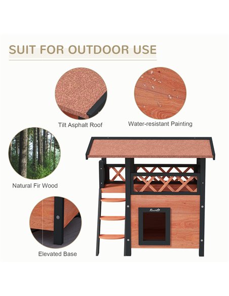 PawHut Cat House Outdoor w/ Balcony Stairs Roof, 77 x 50 x 73 cm, Brown - pic 149010 | FastDaddyshop